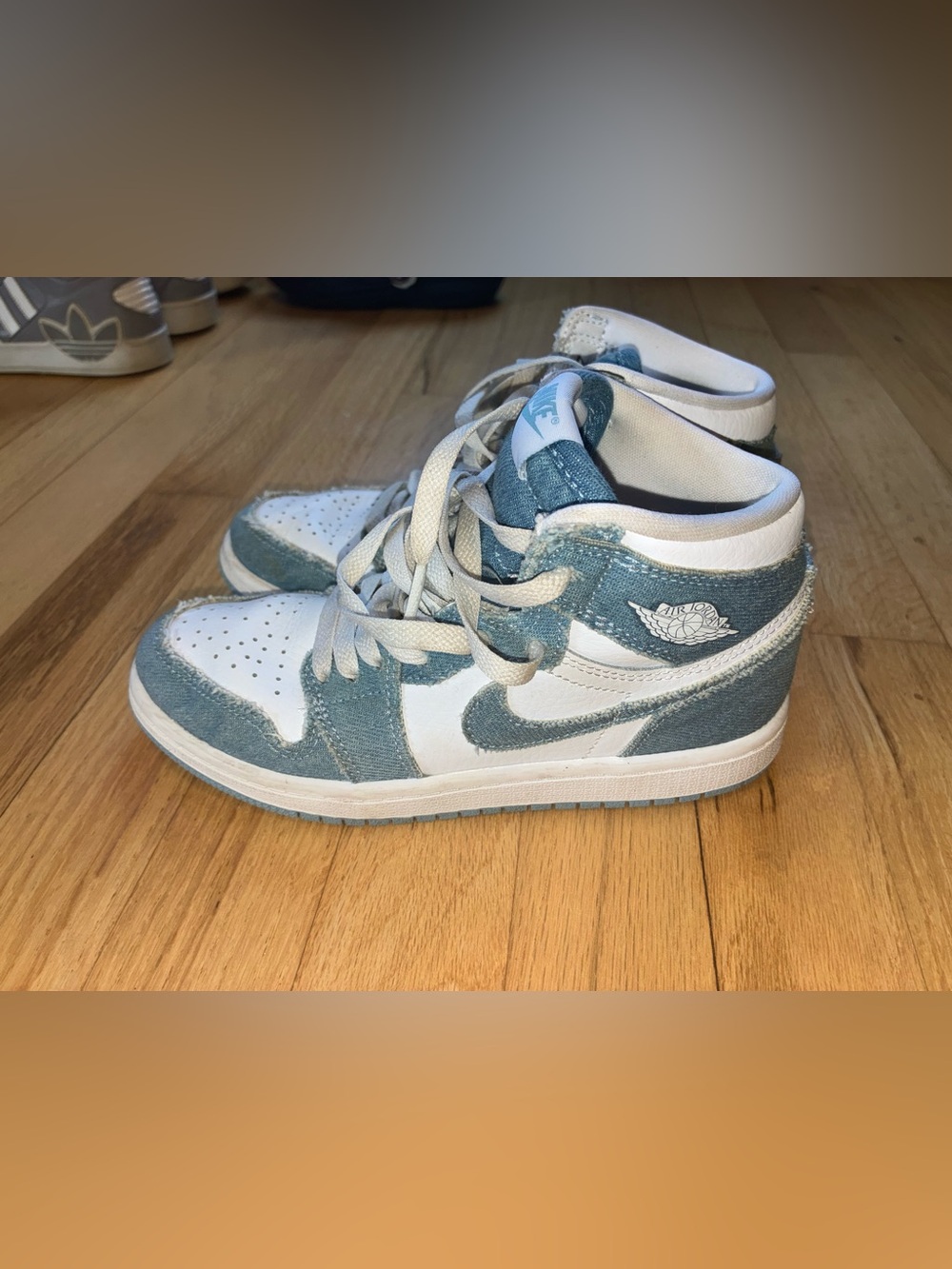 Nike Air Jordan Kids' High-Top Sneakers in White and Light Blue Denim